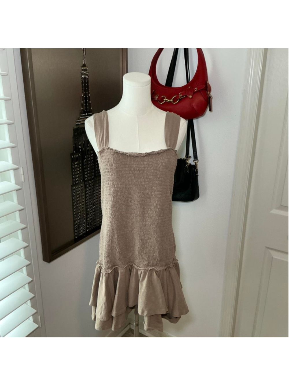 American Eagle Beige Smocked Ruffle Mini Dress Large=